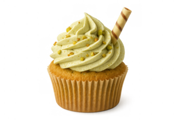 Pistachio cupcake with green frosting and wafer stick, topping of chopped nuts, delicious sweet dessert