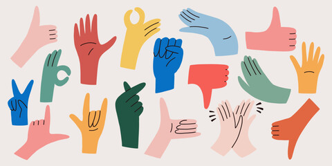 Hand Finger Gesture Icon Set. Cute Hand Sign Hold, Thumb, Ok Sticker