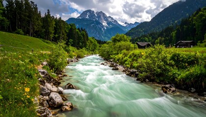 Vivid, blurred river flows toward majestic mountains under a partly cloudy sky, framed by lush greenery