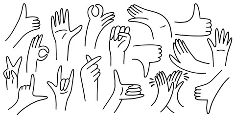 Doodle Hand Gesture Icon Set. Hand Finger Sign Thumb Up and Ok in Line Style