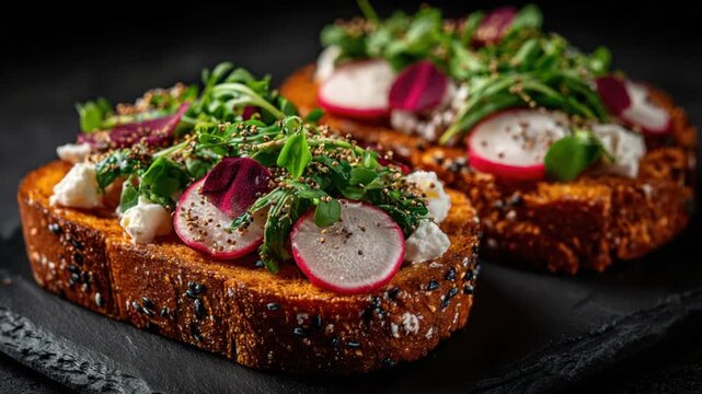 Two gourmet toasts with radish slices, greens, and creamy cheese on a dark platter