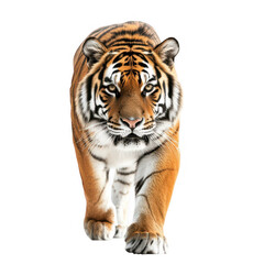 Fototapeta premium A majestic tiger confidently strides forward. its powerful physique and striking fur patterns. set against a clean white background. perfect for wildlife or nature-themed projects