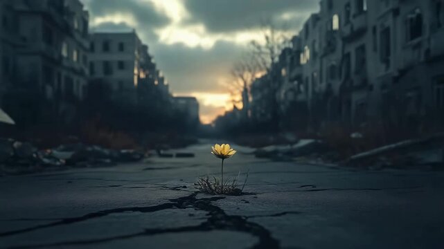Yellow flower grows through cracked road in abandoned city, symbolizing hope, survival, and resilience.