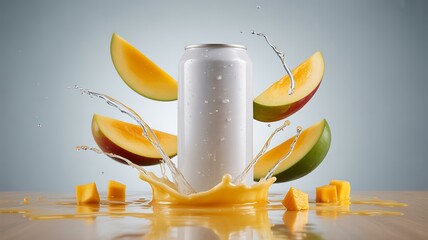 Refreshing Mango Drink Concept with Splash Effect and Clean White Can Presentation for Summer Beverage Advertisement