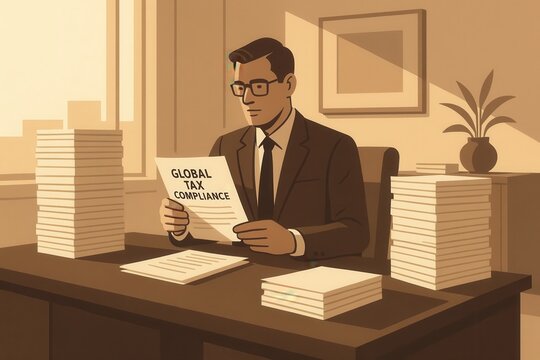 Luxury consulting office: financial advisor reviewing global tax compliance papers amid organized document towers
