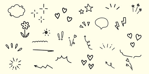 Hand drawn doodle vector set featuring a collection of cute decorative elements and sketch illustrations. Collection of hand drawn doodle icons and symbols for design.
