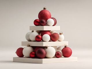 Birch wood L-shaped stepped podium with red Christmas ornament on white background