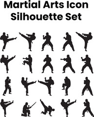 Combat Martial Arts Icon Collection  Dynamic Karate Judo Kung Fu MMA Moves Self Defense Silhouette Set
