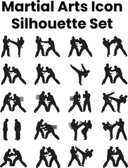Martial Arts Silhouette Icon Set  Karate Taekwondo Kung Fu MMA Fighters Kickboxing Poses Combat Training Graphics