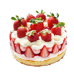 A beautifully decorated strawberry shortcake featuring fresh strawberries and whipped cream. set against a plain white background. perfect for dessert photography or culinary displays