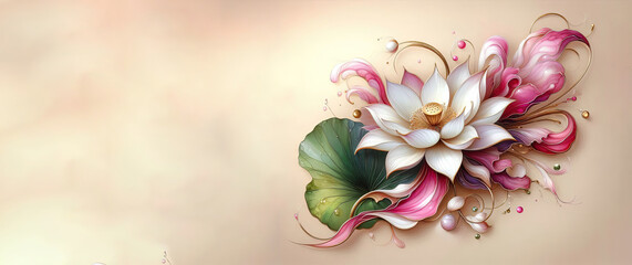 Illustration banner of pink and white lotus, fluid gold accents, green leaf, warm backdrop, angled view. Space for texts. Summer theme.