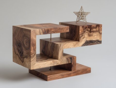 Interlocked walnut L and S shapes forming a pedestal with metallic star on white background
