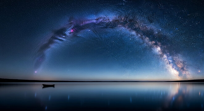 Wide shot of a lake reflecting the Milky Way, a small boat is in the water. Represents a connection to the cosmos, wonder and vastness of the universe