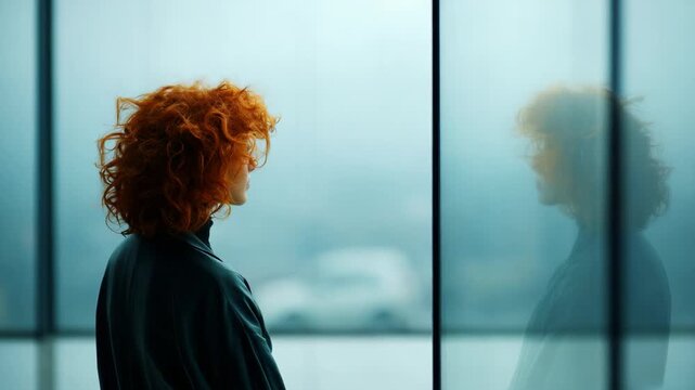 A contemplative individual with vivid curly hair gazes thoughtfully out a window, creating an introspective atmosphere melded with soft reflections and an ethereal backdrop.
