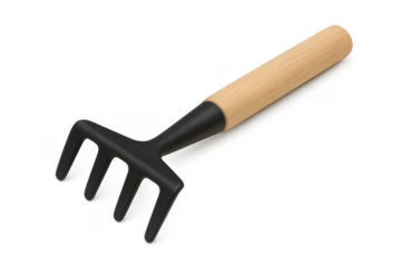 Garden hand rake with wooden handle and black tines