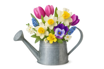 Watering can holding fresh spring flower bouquet