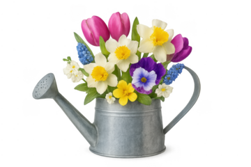 Watering can holding fresh spring flower bouquet
