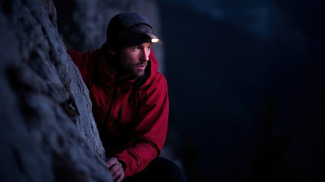 a fit man in his late 30s with a short dark-blond beard is climbing a rocky cliff in the mountains, seen from far away. The cliff occupies about three-quarters of the image.