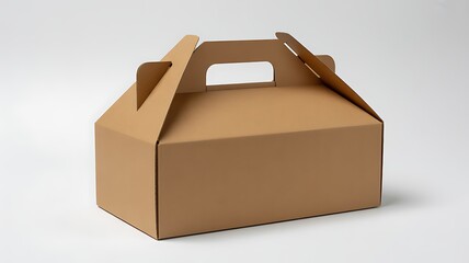 Isolated Cardboard Takeout Box with Handle on White Background for Packaging and Delivery Services Design Mockup Presentation