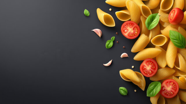 A colorful array of textured pasta sits alongside bright tomatoes, fresh garlic cloves, and lush basil leaves against a dark background