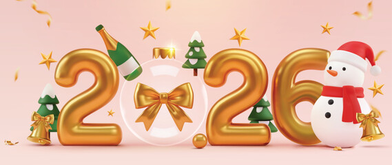 Christmas and New Year 2026 celebration with golden numbers and snowman.