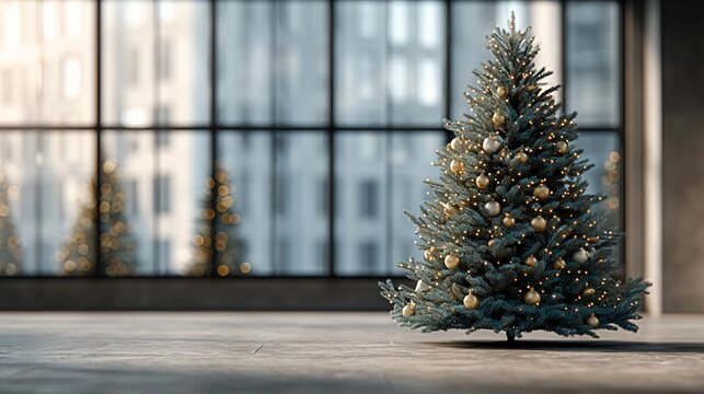 Decorated Christmas tree in modern office space with large windows