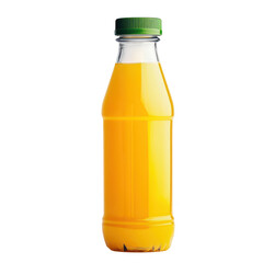 A clear plastic bottle filled with orange juice. standing upright against a clean white background. its refreshing contents for beverage advertising or health-related themes