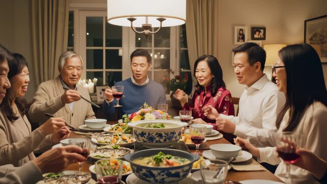 Asian Family Enjoying Festive Dinner and Toasting With Red Wine