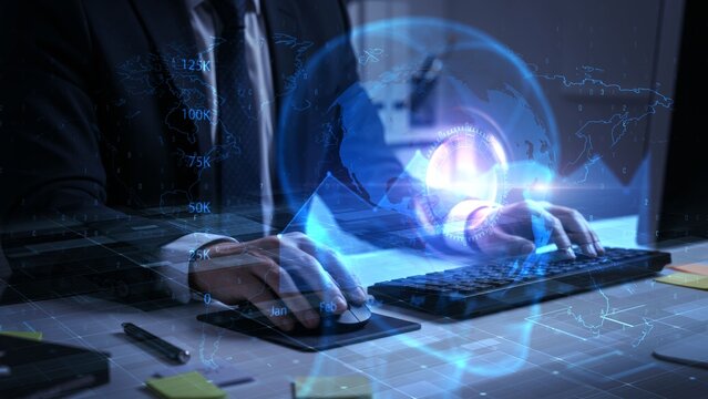 Futuristic Business Workspace with Holographic World Map and Technology Integration