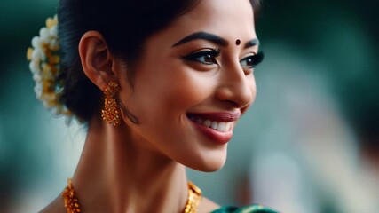 Captivating Elegance: A Woman Adorned in Traditional Attire, Showcasing Radiant Jewelry and a Bright Smile Amidst a Beautiful Background - Powered by Adobe