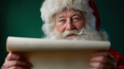 Naklejka premium santa clause on green/red background smiling and holding an empty scroll front of his face the focus is on the scroll the face of santa clause is slightly blurry.