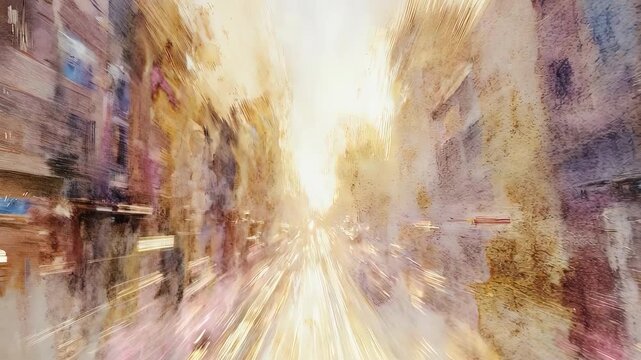 Abstract cityscape, light bursts through buildings' frame, impressionistic style