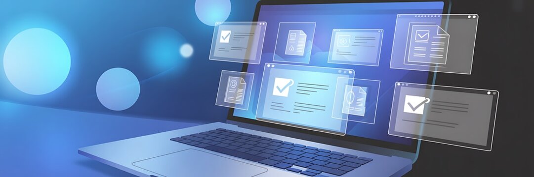 Laptop displaying online document approval and workflow management solutions for modern business operations showcasing digital transformation and efficient process automation