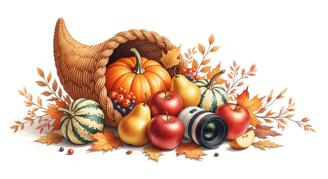 Woven horn of plenty with pumpkin, apple, pear, leaves, berry and camera lens. Concept of autumn harvest, bounty, thanksgiving, seasonal photography