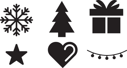 Black and white vector illustration of Christmas icons: snowflake, tree, present, star, heart with candy cane, lights garland.