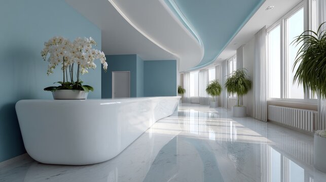A spacious and modern dental clinic features a sleek white reception desk and large windows that allow sunlight to brighten the clean, airy space filled with plants for a refreshing ambiance