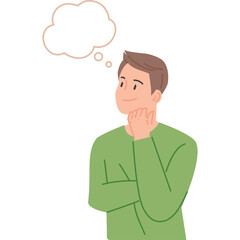 Thoughtful Young Man In Green Long Sleeve Shirt With Hands On Chin And A Thought Bubble Above His Head Isolated On Transparent Background