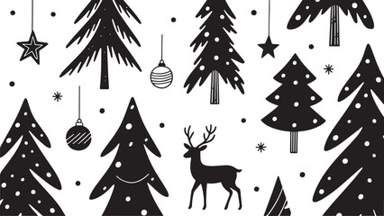 Monochrome Christmas Trees and Reindeer Pattern