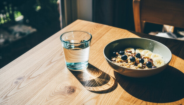 Healthy breakfast bowl with oatmeal, banana, and blueberries - Powered by Adobe