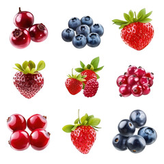 A arrangement of assorted berries including strawberries. blueberries. raspberries. and currants. their fresh appearance against a clean white background. ideal for food-related content