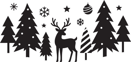 Christmas Silhouette Scene with Deer, Trees, and Snowflakes