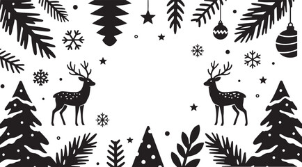 Elegant Black and White Christmas Vector Frame with Reindeer, Trees, and Ornaments