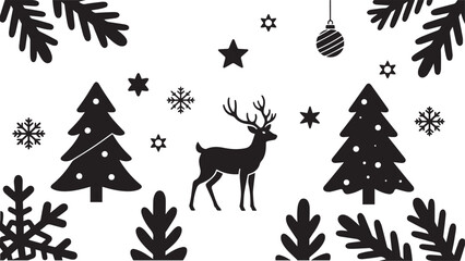 Black and White Christmas Illustration with Deer and Trees