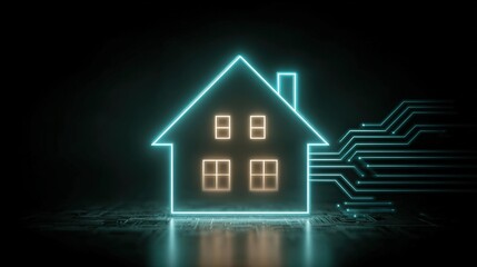 Smart home security concept with glowing shield and circuit lines on dark background