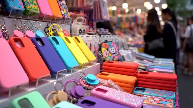 Colorful Mobile Phone Cases Displayed at a Bustling Outdoor Market Stall.