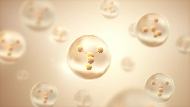 3d animation of Collagen Skin Serum and Vitamin bubble molecular.