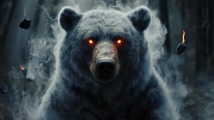 A spectral bear with glowing eyes in a smoky forest. Burning embers float - Powered by Adobe
