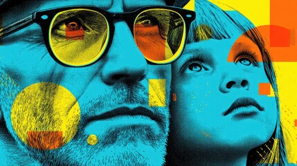 A stylized close-up portrait features a man wearing glasses and a young girl, both looking upward, set against a bright, abstract background.