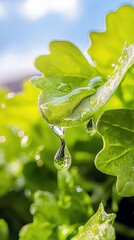 Fototapeta premium A clear water droplet hangs from the edge of a bright green leaf, reflecting the environment, with more water droplets and lush greenery in the background.