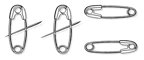 Safety Pins Set in Various Positions for Garment Repair and DIY Crafting with Crossed Needle Design for Fashion, Craft, Sewing, and Industrial Symbol Concepts.
